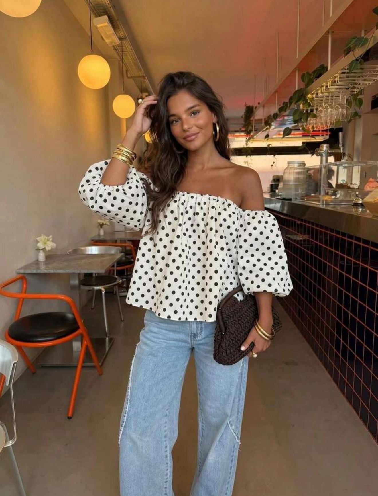 Women's Polka Dot Contrast Color Ruffle Off Shoulder Top, Suitable For Beach & Casual Daily Wear, Spring/Summer White Vacation 2