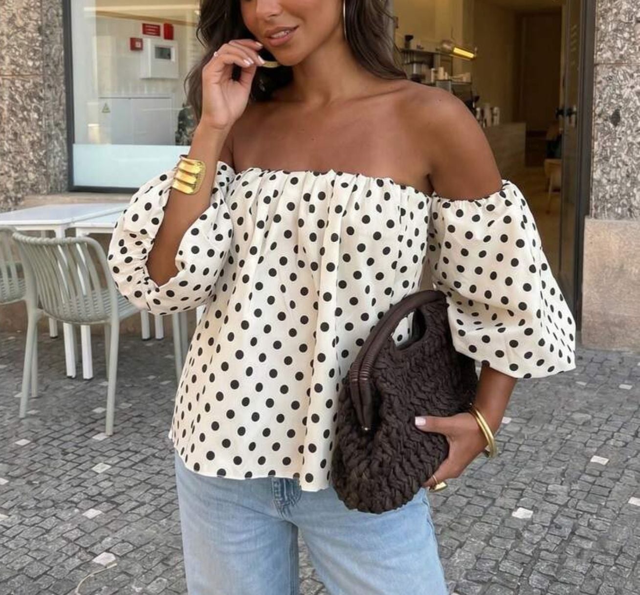 Women's Polka Dot Contrast Color Ruffle Off Shoulder Top, Suitable For Beach & Casual Daily Wear, Spring/Summer White Vacation 3