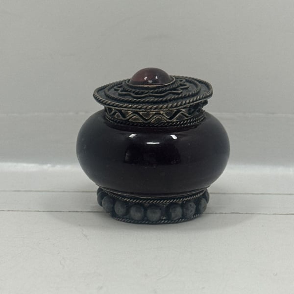 Vintage Glass & Metal Trinket Box Ornate Hinged Pill Snuff Jar
