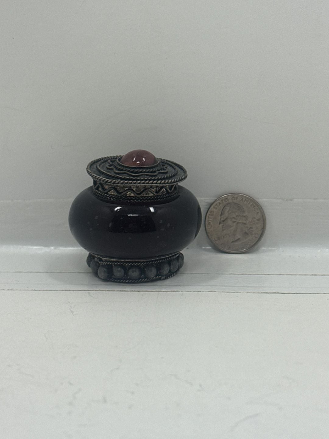 Vintage Glass & Metal Trinket Box Ornate Hinged Pill Snuff Jar 5