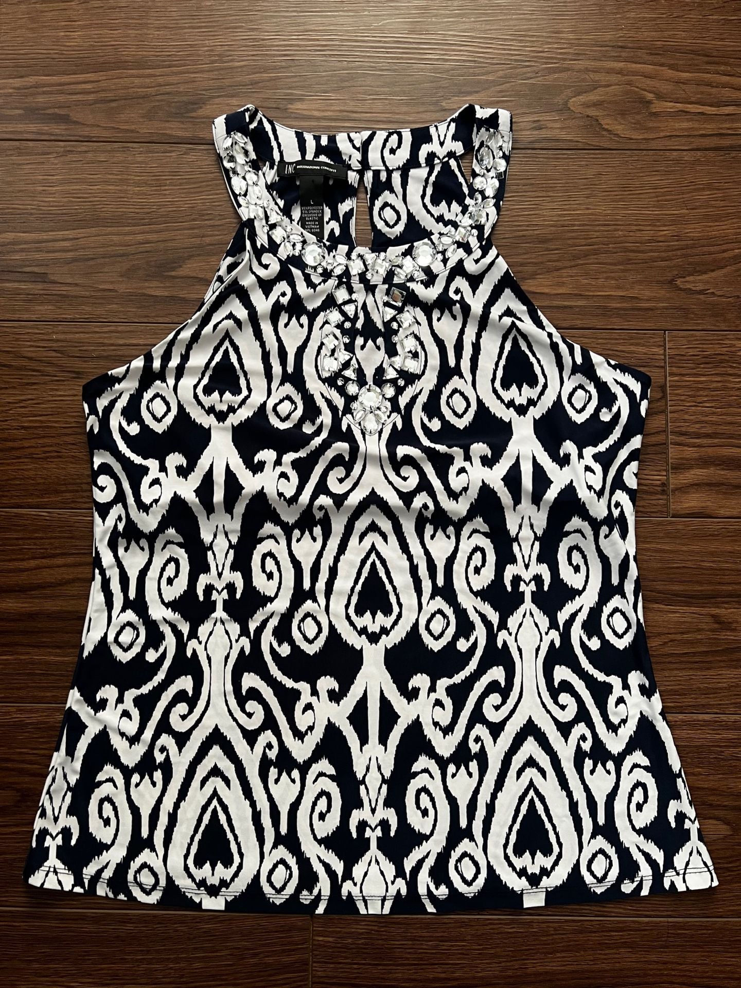INC International Concepts Halter Top Size L Black White Medallion Beaded 2