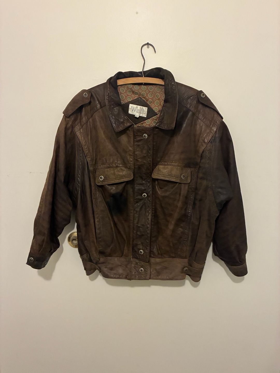 Winlit 1980s Leather Bomber Jacket Size L Brown Distressed Vintage Aviator 2
