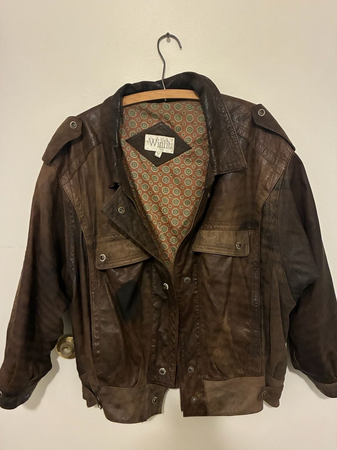 Winlit 1980s Leather Bomber Jacket Size L Brown Distressed Vintage Aviator 3