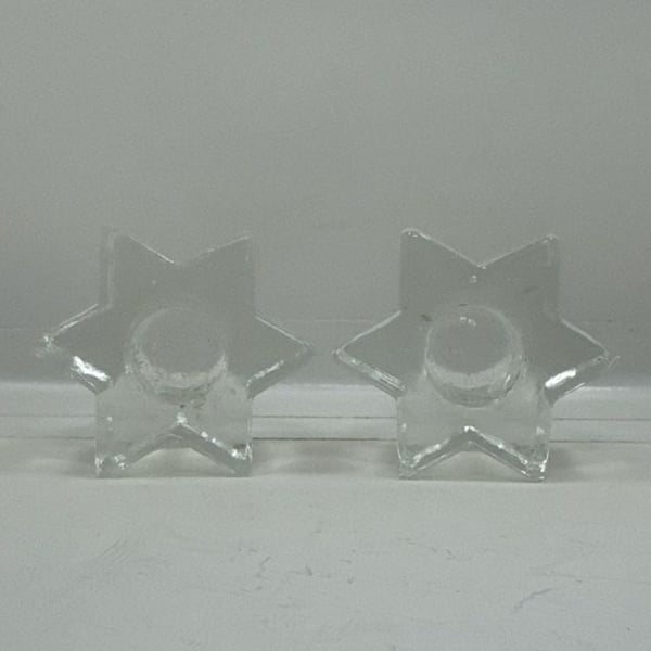 Vintage Clear Glass Star Shaped Candle Holders Set Of 2