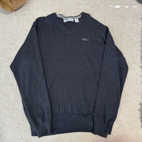 Greg Norman V-Neck Sweater Size M Dark Gray Shark Logo Golf Pullover
