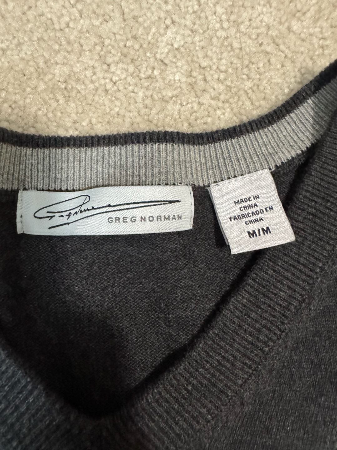 Greg Norman V-Neck Sweater Size M Dark Gray Shark Logo Golf Pullover 3