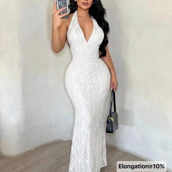 SHEIN SXY Halter Neck Lace Mermaid Dress White
