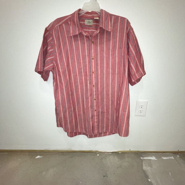 LL Bean Short Sleeve Button Down Shirt Size L-Reg Pink Striped Cotton