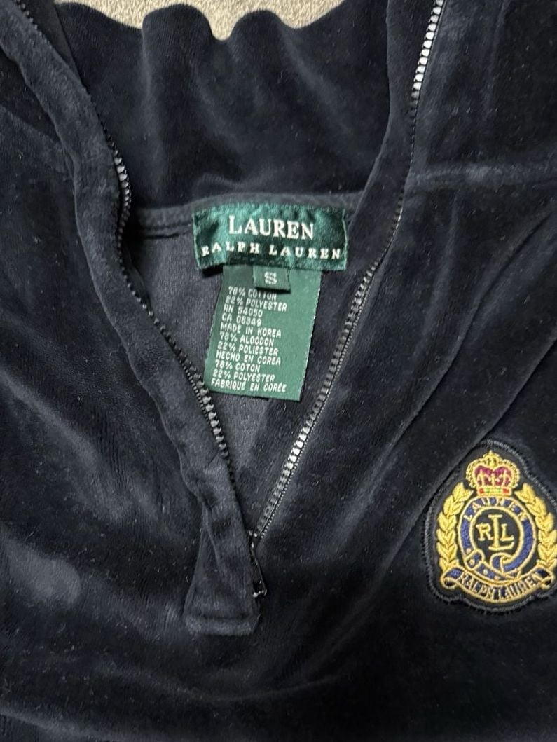 Lauren Ralph Lauren Velour 1/4 Zip Pullover Size S Black Crest Logo 3