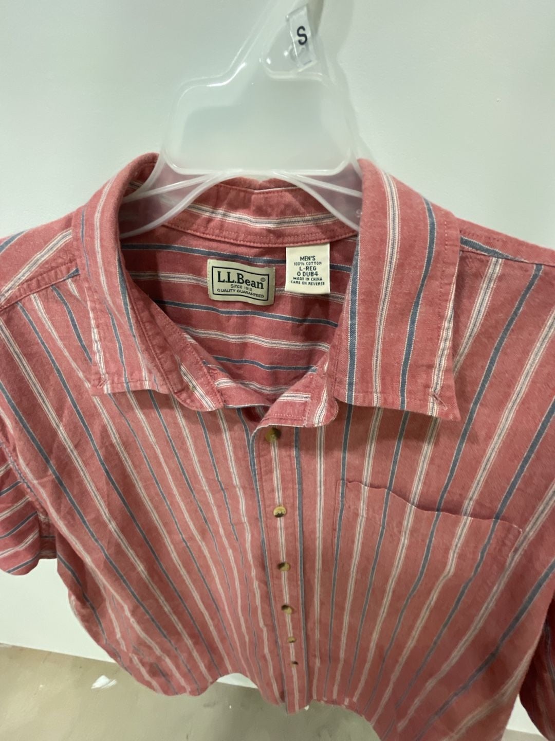 LL Bean Short Sleeve Button Down Shirt Size L-Reg Pink Striped Cotton 3