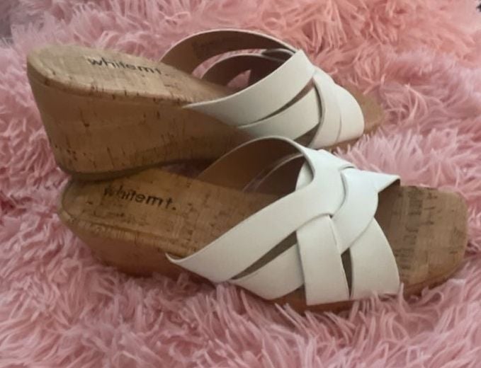 White Mountain Wedge Sandals White Cross Strap Cork Slide 3