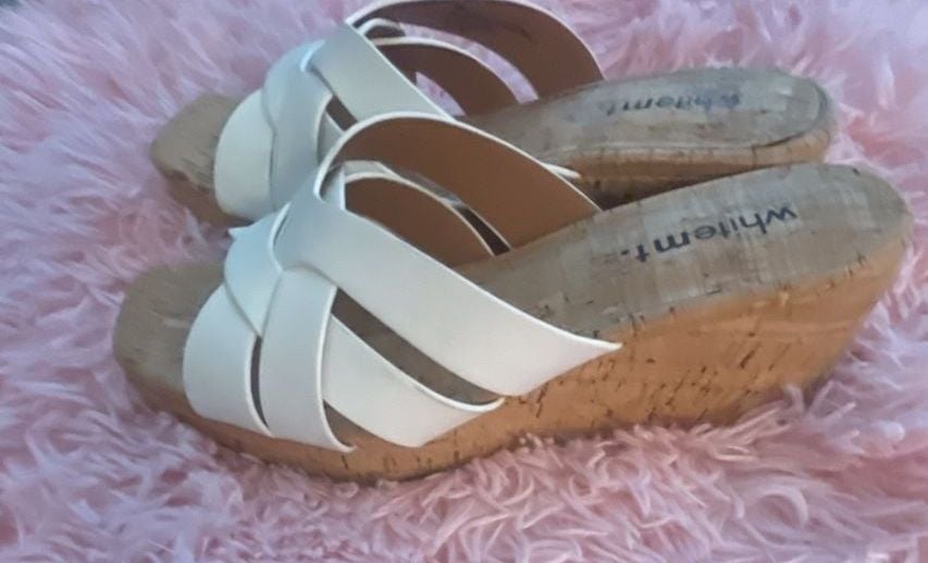White Mountain Wedge Sandals White Cross Strap Cork Slide 6