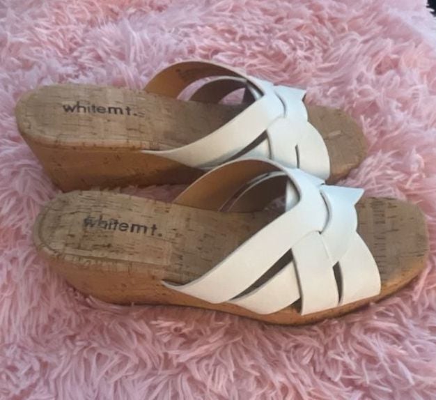 White Mountain Wedge Sandals White Cross Strap Cork Slide 4