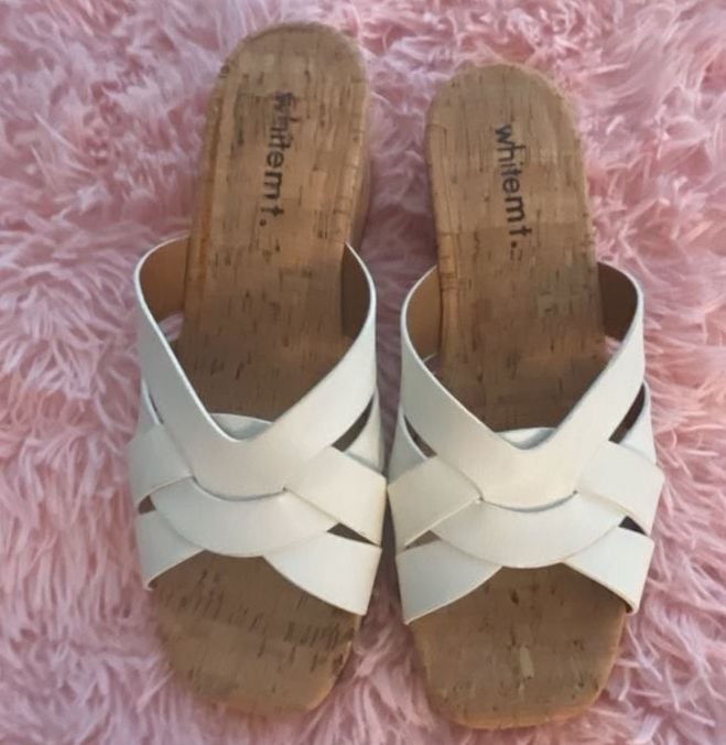 White Mountain Wedge Sandals White Cross Strap Cork Slide 5