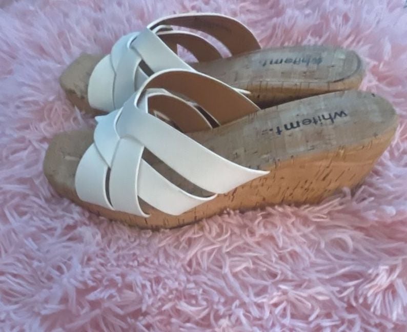 White Mountain Wedge Sandals White Cross Strap Cork Slide 2