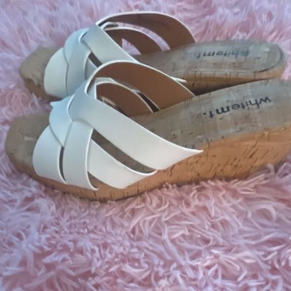 White Mountain Wedge Sandals White Cross Strap Cork Slide