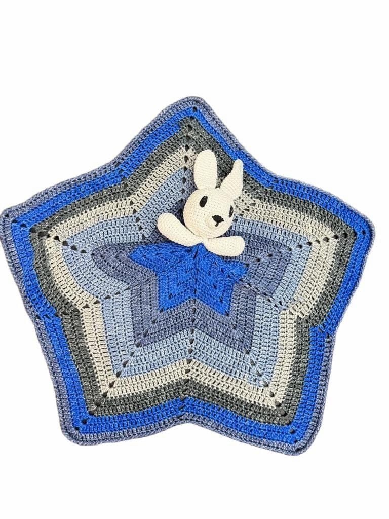 Handmade Crochet Bunny Star Lovey Blanket Blue Gray White 1