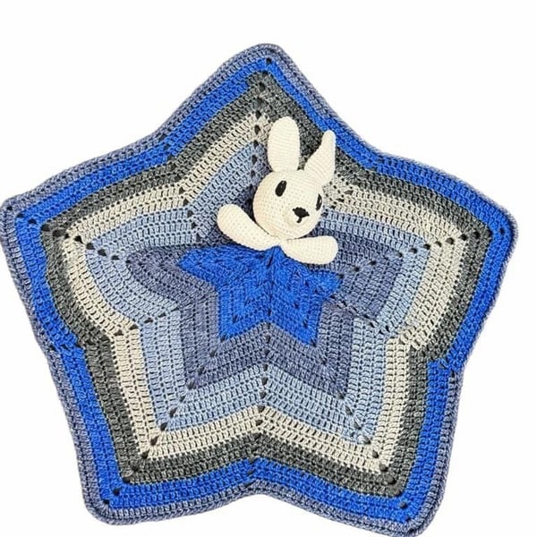 Handmade Crochet Bunny Star Lovey Blanket Blue Gray White