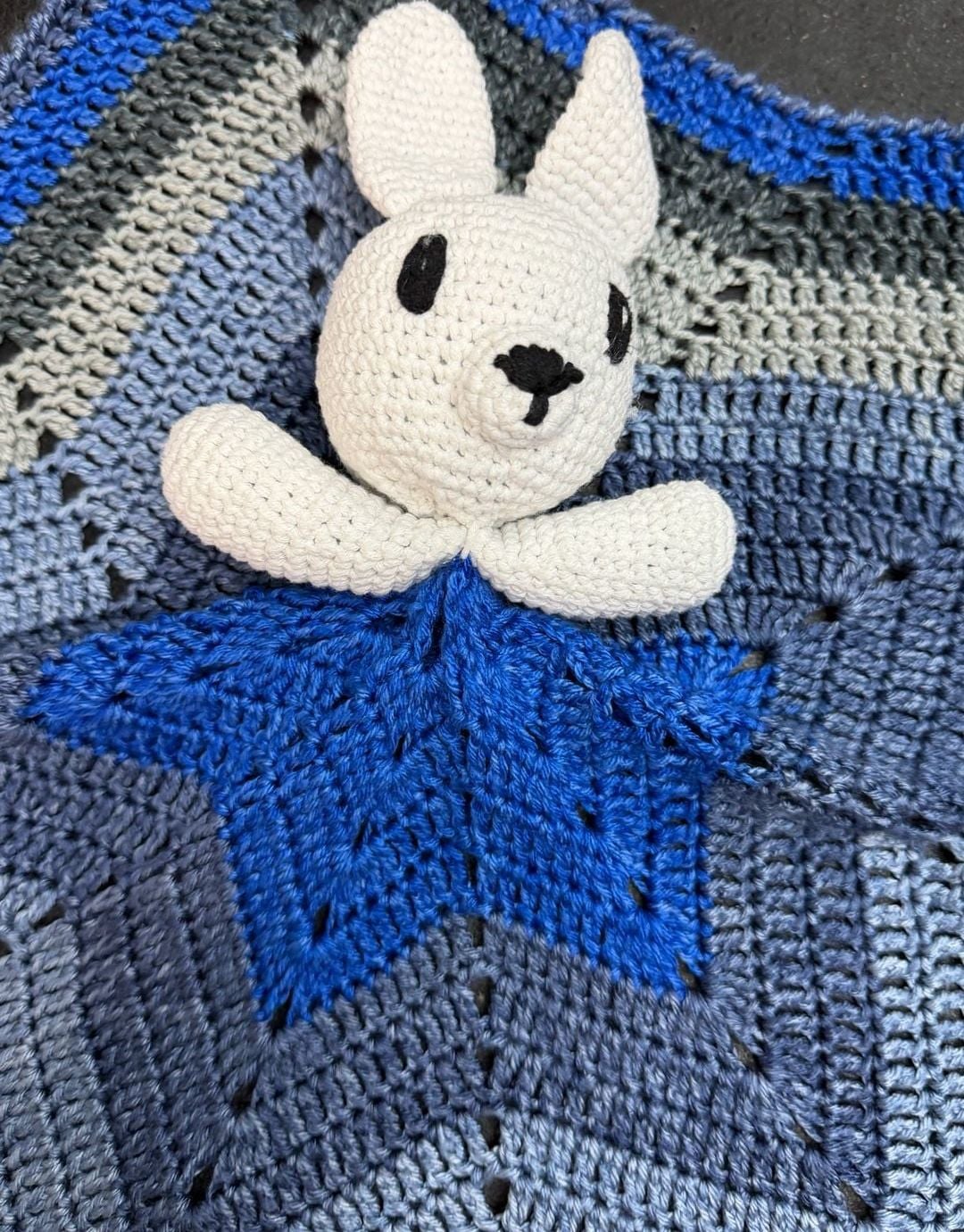 Handmade Crochet Bunny Star Lovey Blanket Blue Gray White 2