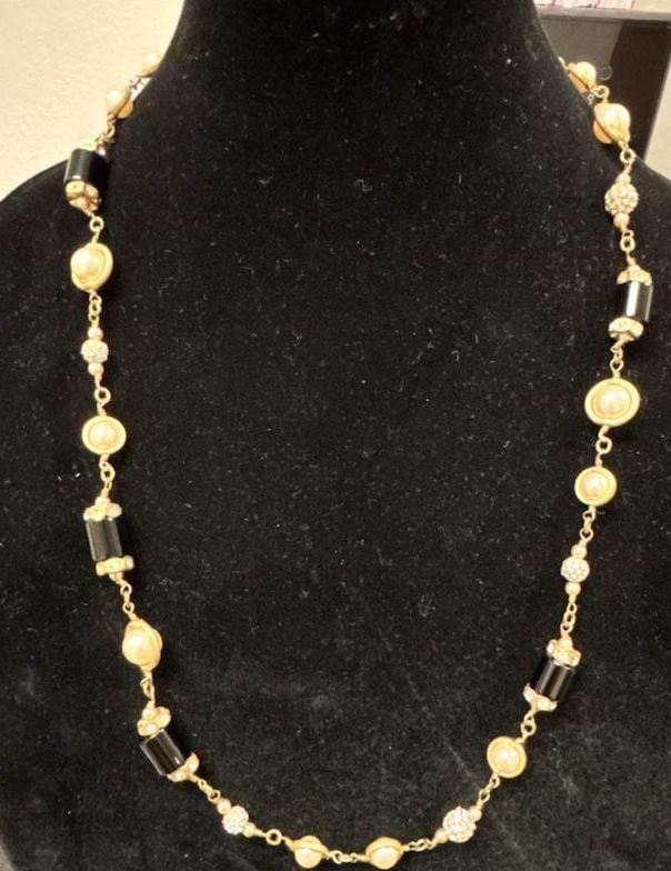 J.Crew Long Gold Necklace with Cream Pearls and Black Beads 2