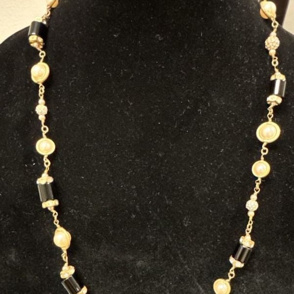 J.Crew Long Gold Necklace with Cream Pearls and Black Beads