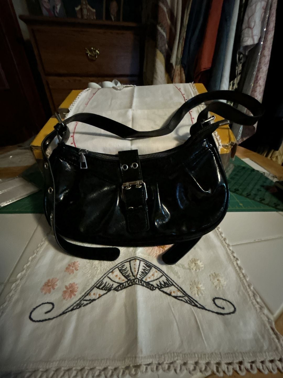 Y2K Black Patent Leather Shoulder Bag Buckle Crescent Hobo Purse 2