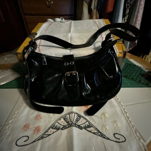 Y2K Black Patent Leather Shoulder Bag Buckle Crescent Hobo Purse