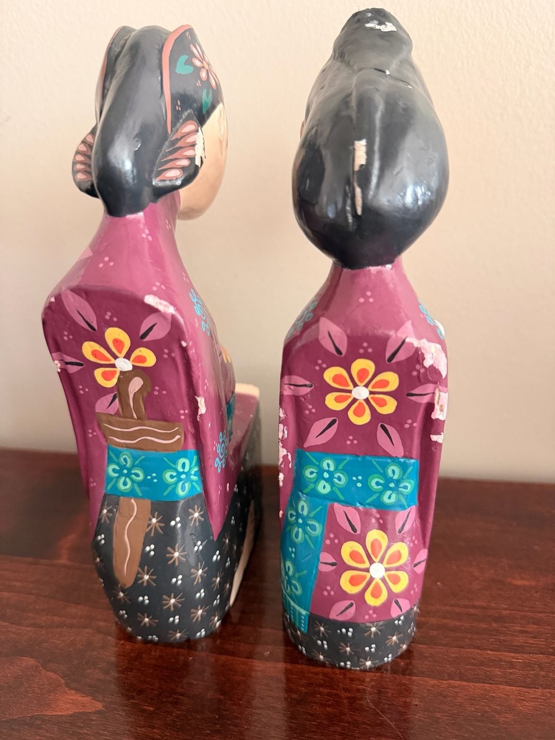 Handmade Javanese Wooden Loro Blonyo Wedding Statues Pair Hand Painted Folk Art 4