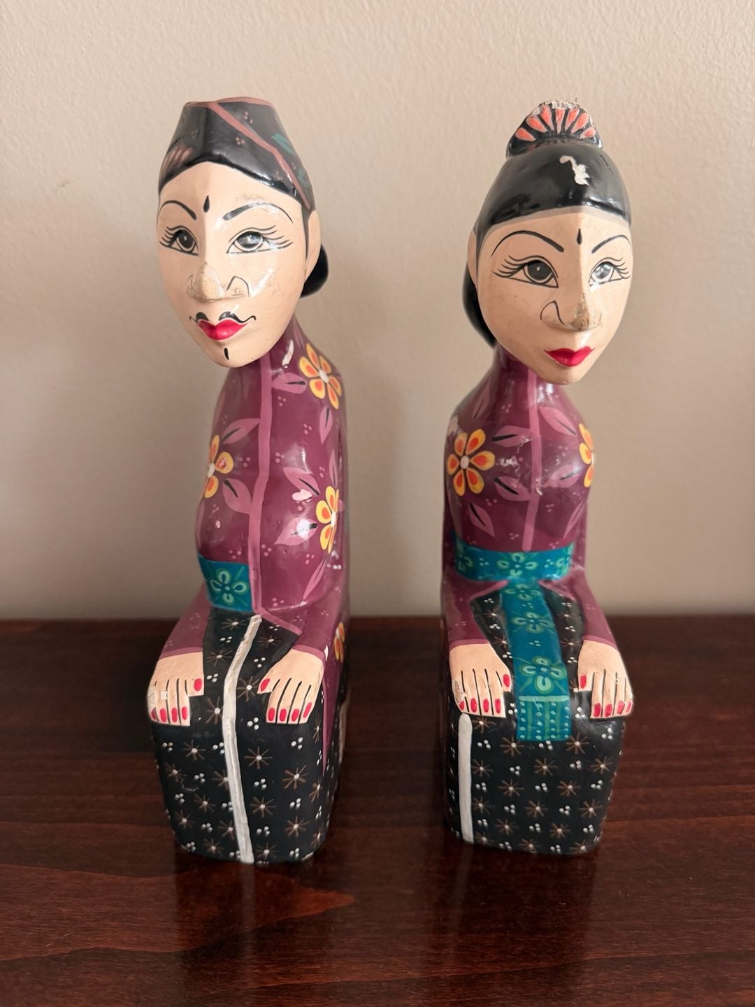 Handmade Javanese Wooden Loro Blonyo Wedding Statues Pair Hand Painted Folk Art 5