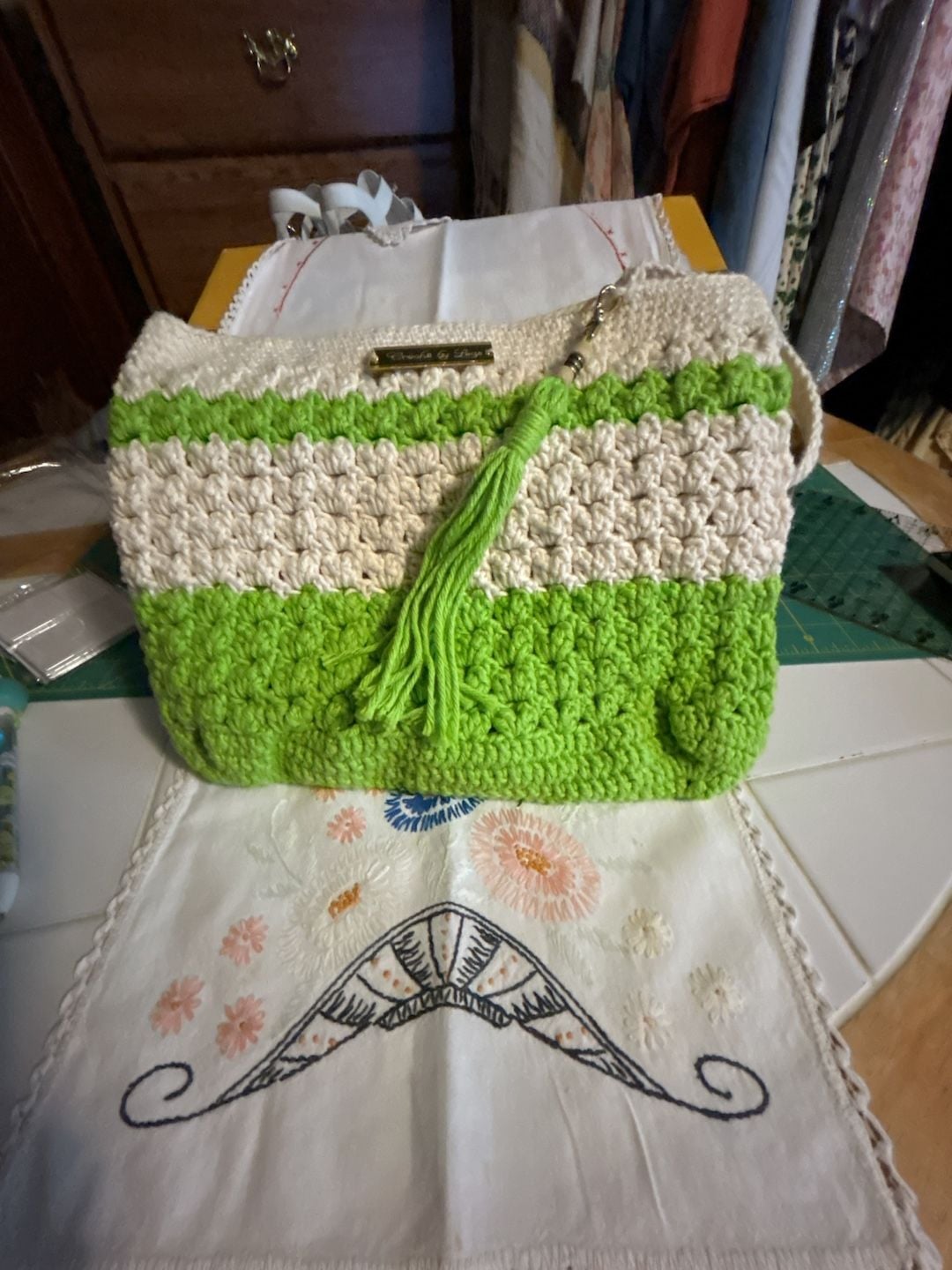 Handmade Crochet Shoulder Bag Green White Striped Handbag with Tassel 2