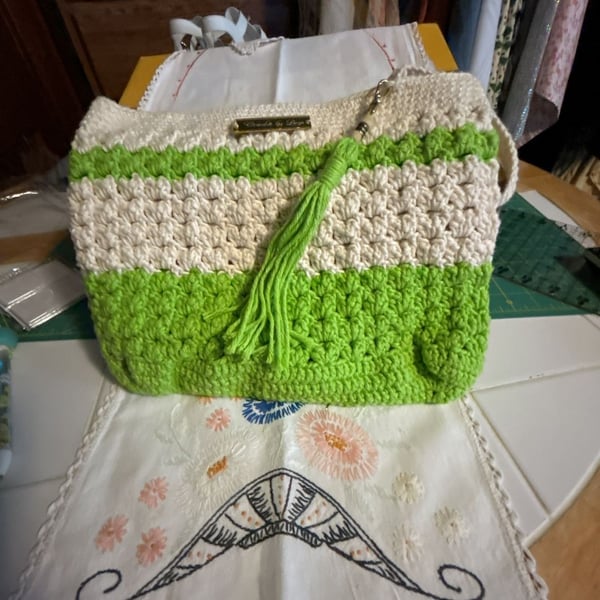 Handmade Crochet Shoulder Bag Green White Striped Handbag with Tassel