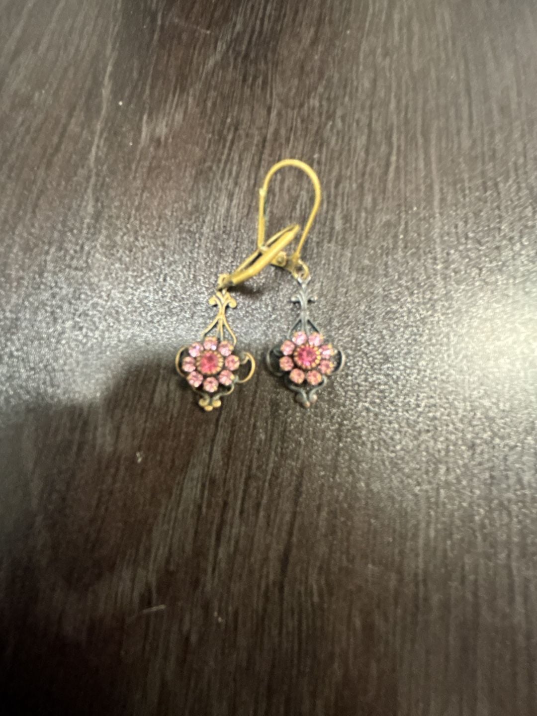 Vintage Style Antique Brass Pink Rhinestone Flower Dangle Earrings 2