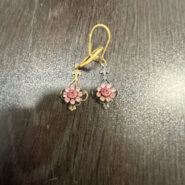 Vintage Style Antique Brass Pink Rhinestone Flower Dangle Earrings