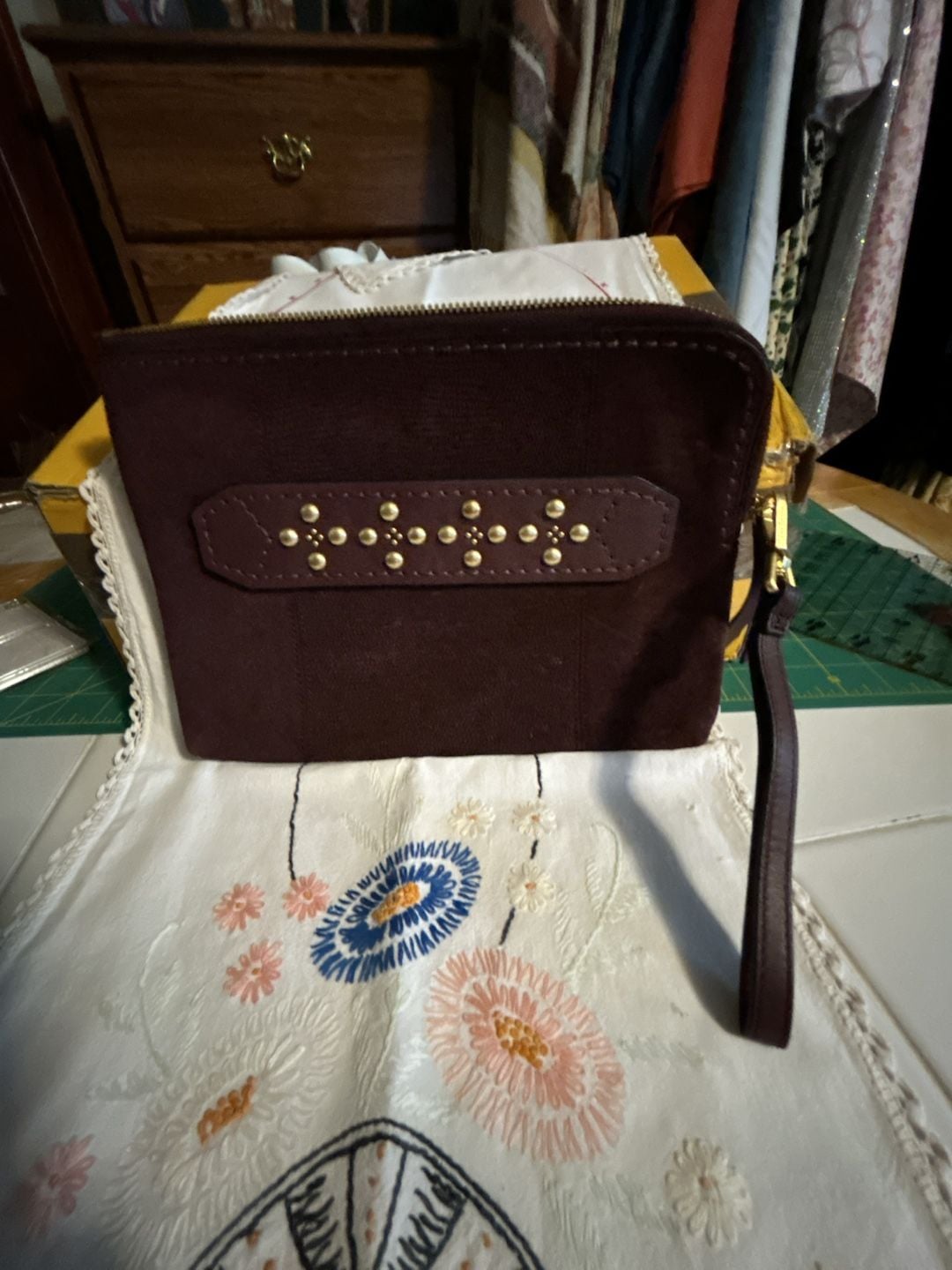 Wristlet Clutch in Burgundy with Gold Stud Accents 2