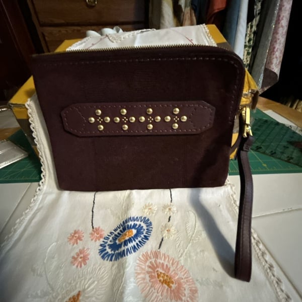 Wristlet Clutch in Burgundy with Gold Stud Accents