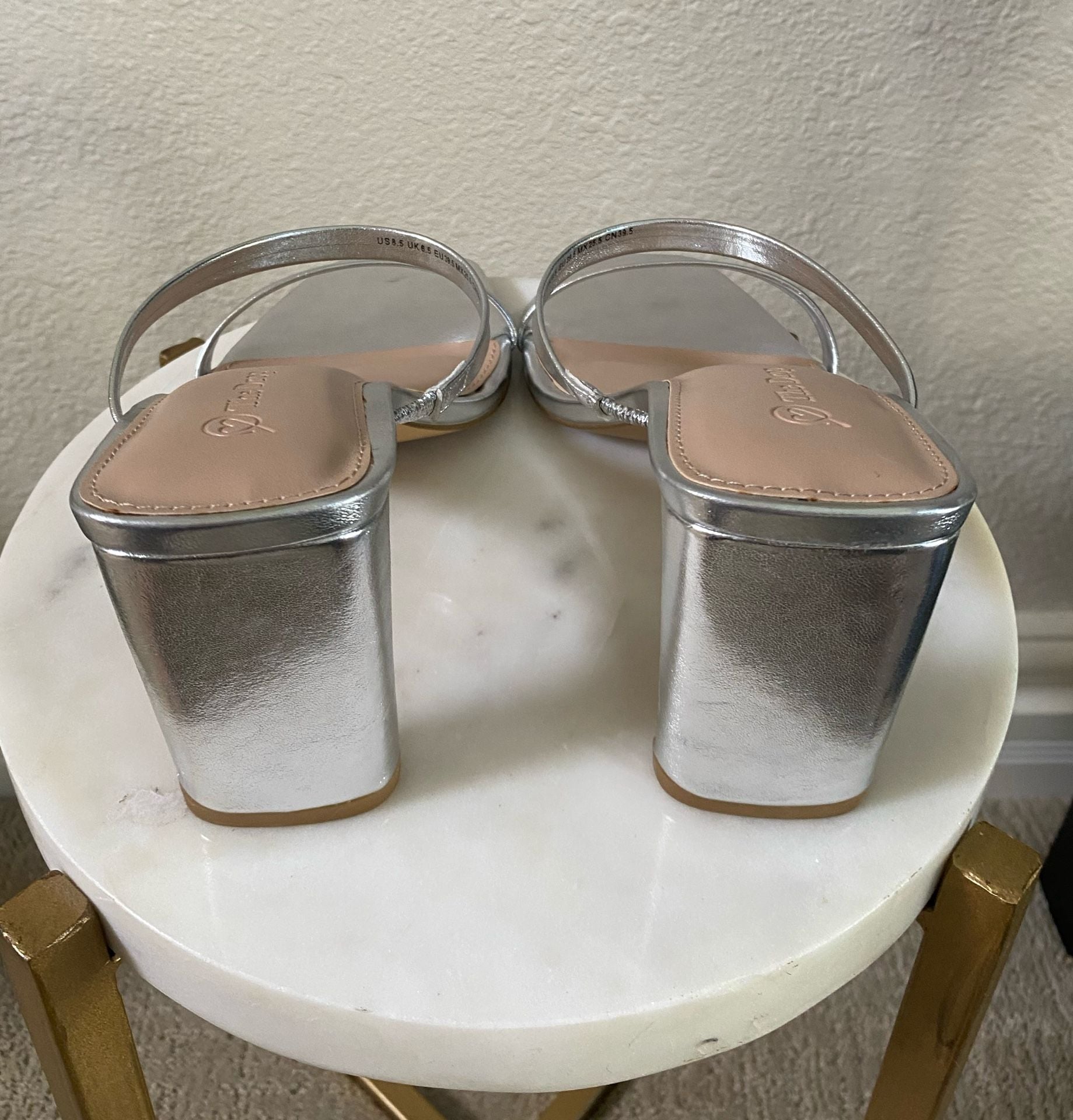 The Drop Avery Square Toe Two Strap High Heel Sandal Size 8.5 Silver 8