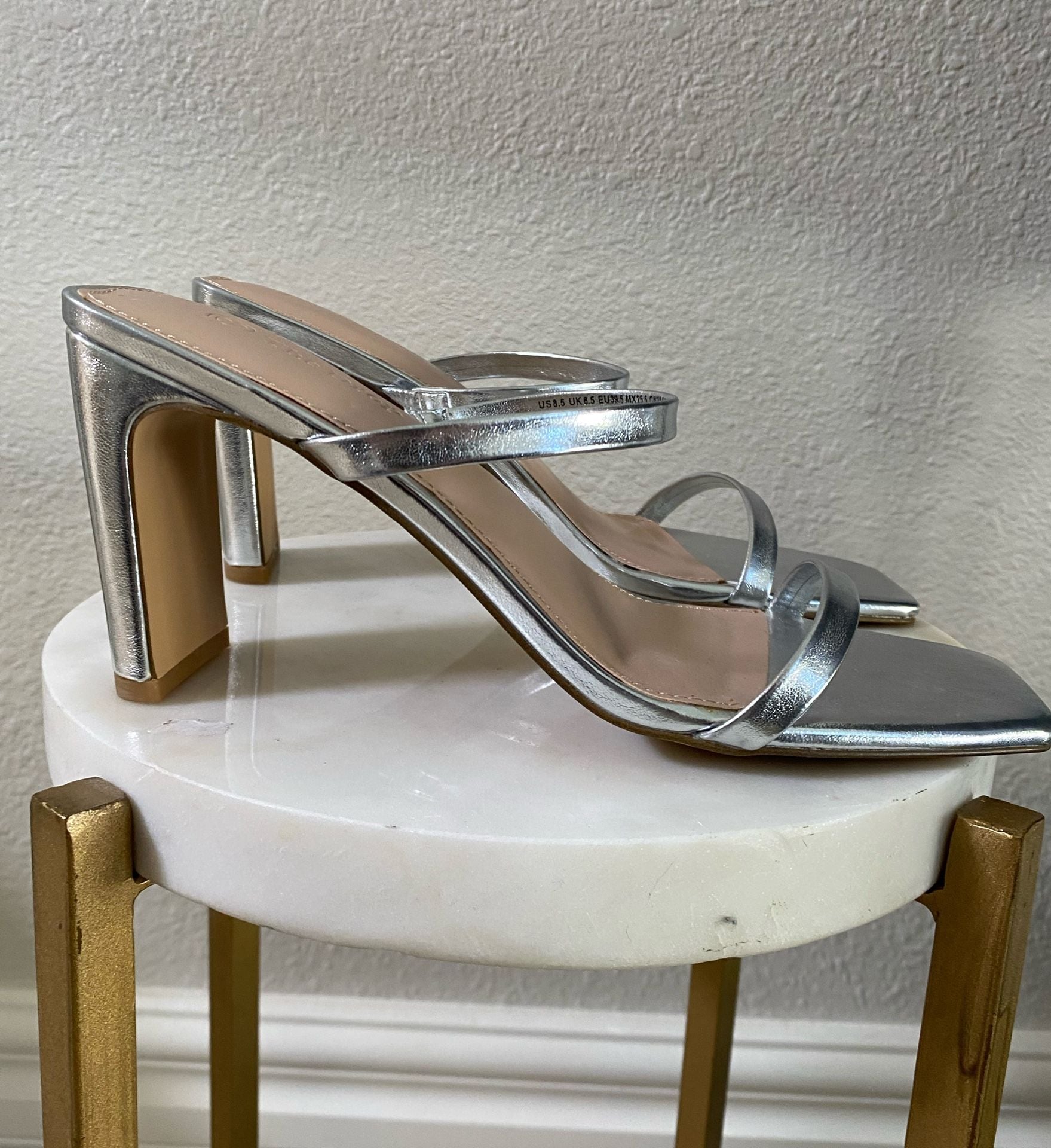 The Drop Avery Square Toe Two Strap High Heel Sandal Size 8.5 Silver 7