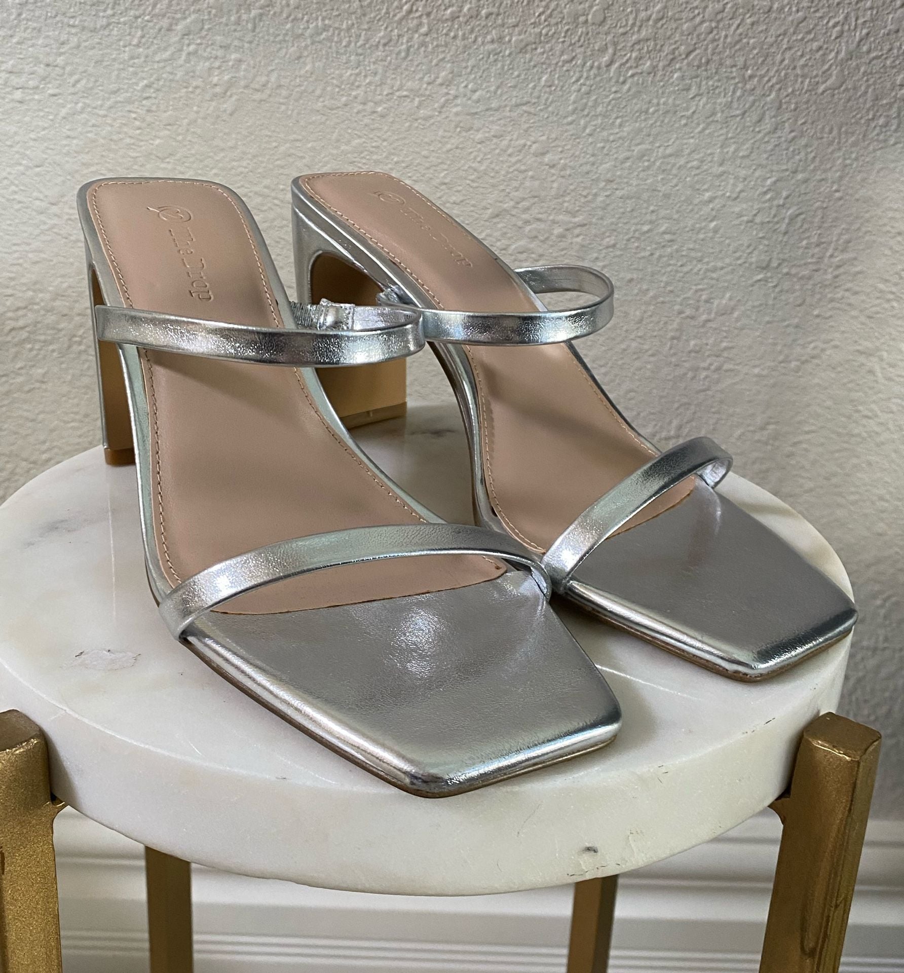 The Drop Avery Square Toe Two Strap High Heel Sandal Size 8.5 Silver 6
