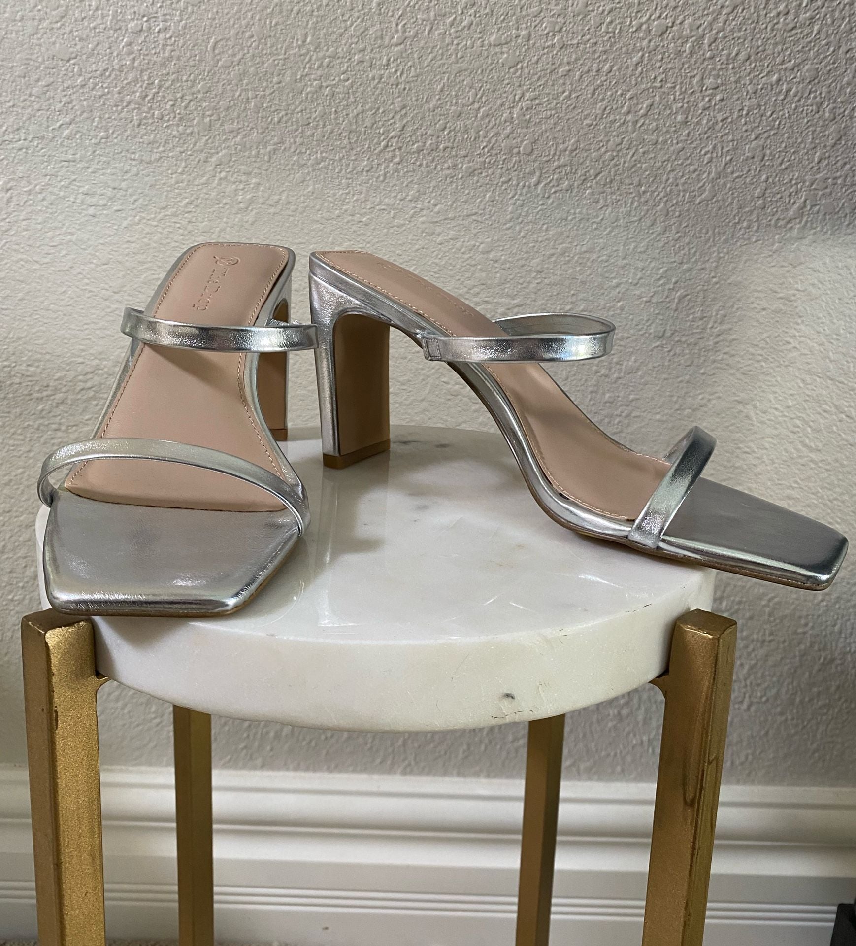The Drop Avery Square Toe Two Strap High Heel Sandal Size 8.5 Silver 2