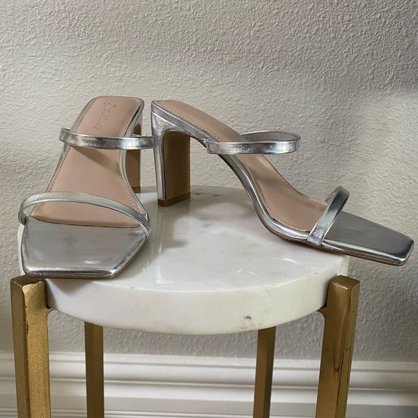 The Drop Avery Square Toe Two Strap High Heel Sandal Size 8.5 Silver