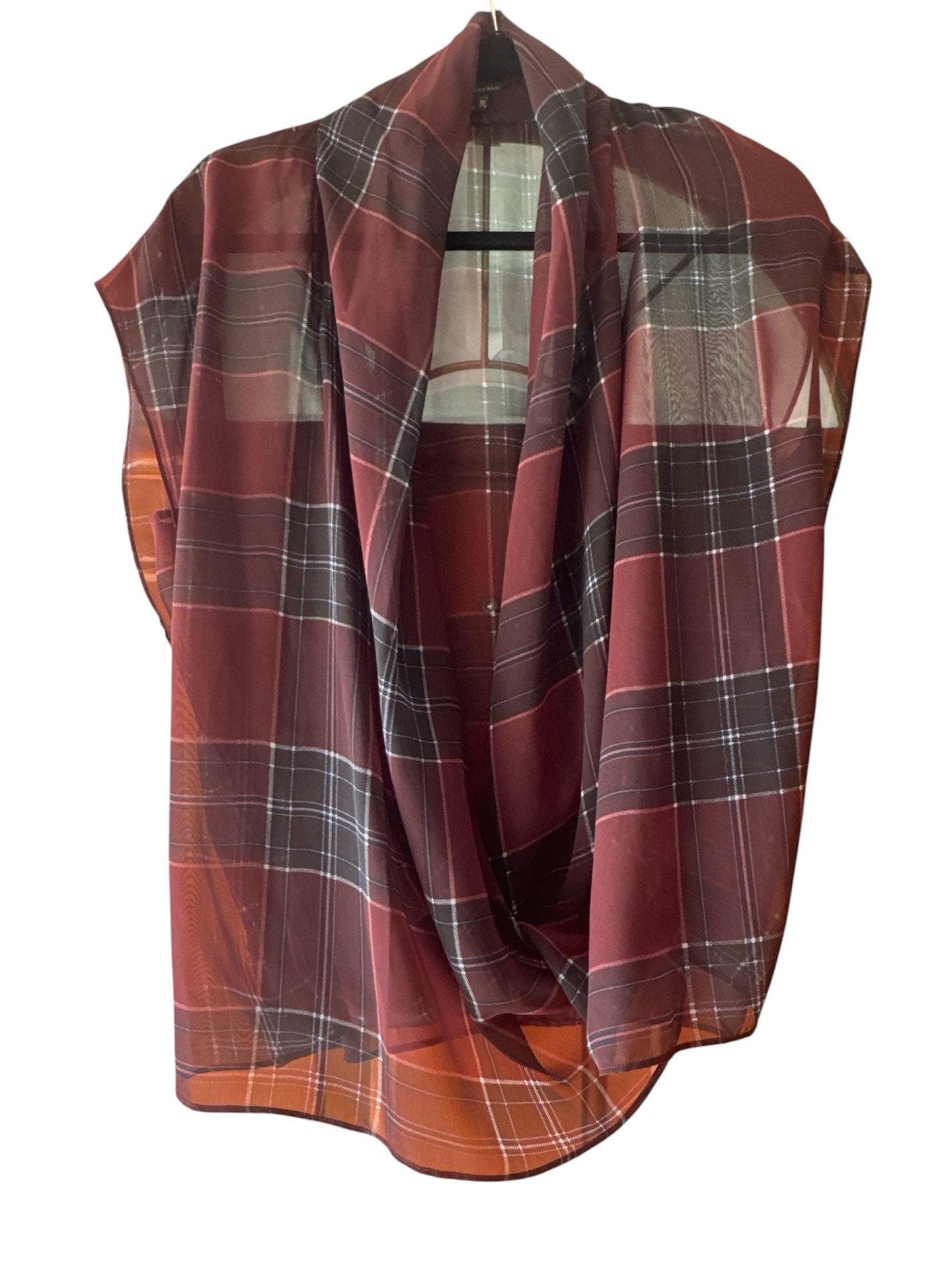 Jeans By Buffalo Plaid Cowl Neck Top Size M Red Black Sheer Sleeveless 2