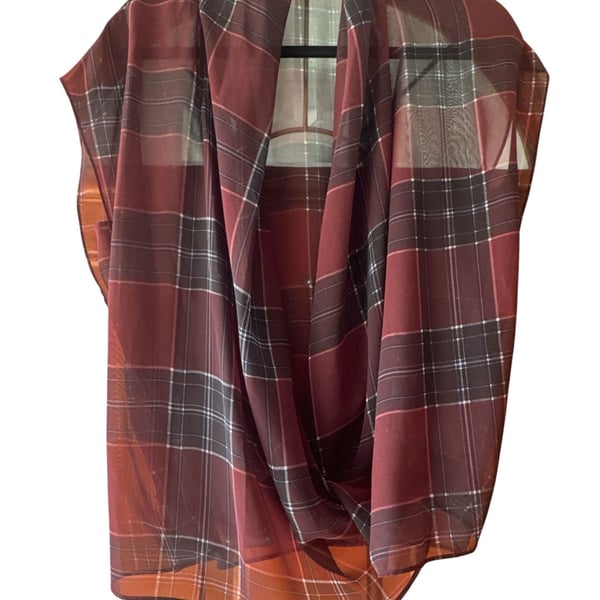 Jeans By Buffalo Plaid Cowl Neck Top Size M Red Black Sheer Sleeveless