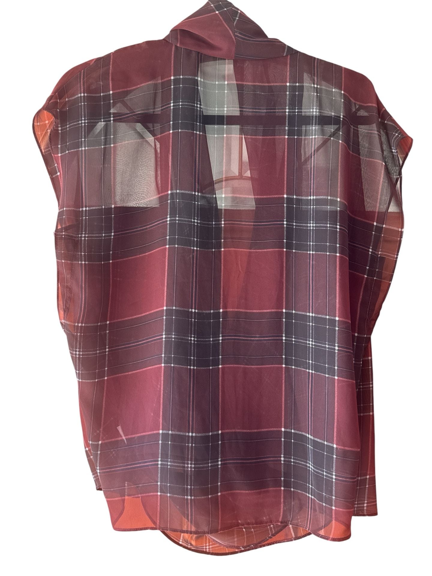Jeans By Buffalo Plaid Cowl Neck Top Size M Red Black Sheer Sleeveless 6