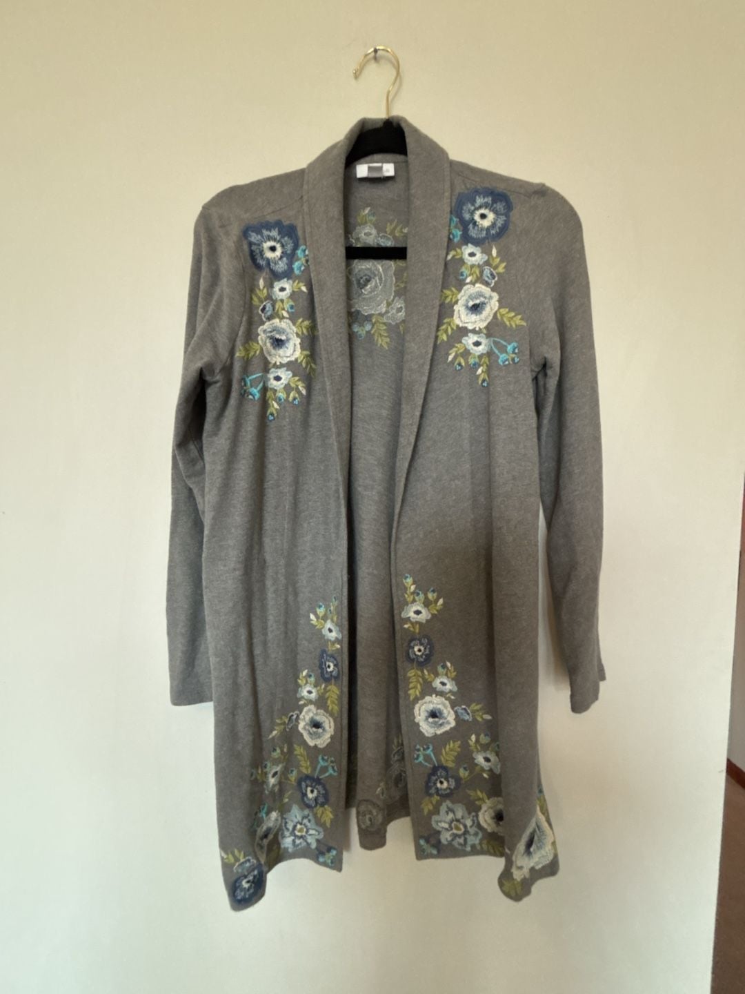 J.Jill Floral Embroidered Cardigan Size XS Gray Open Front Sweater 2