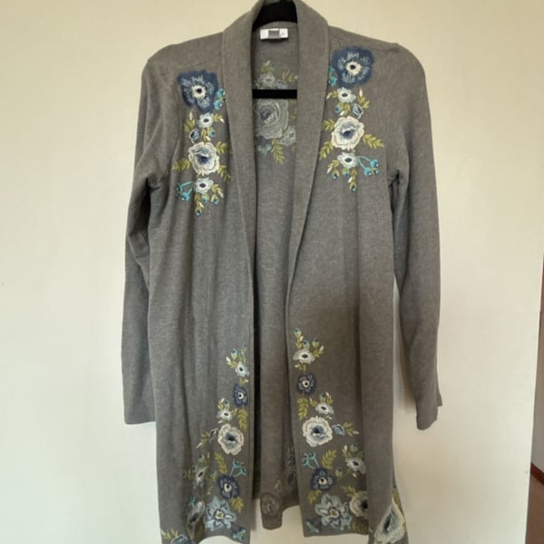 J.Jill Floral Embroidered Cardigan Size XS Gray Open Front Sweater