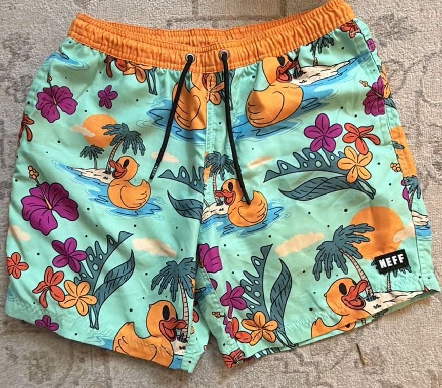 Neff Mens Rubber Duck Tropical Swim Trunks Mint Green Orange Board Shorts 2