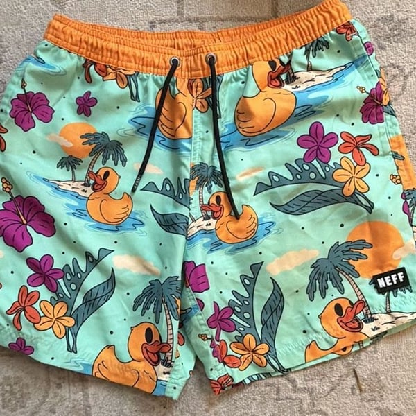 Neff Mens Rubber Duck Tropical Swim Trunks Mint Green Orange Board Shorts 