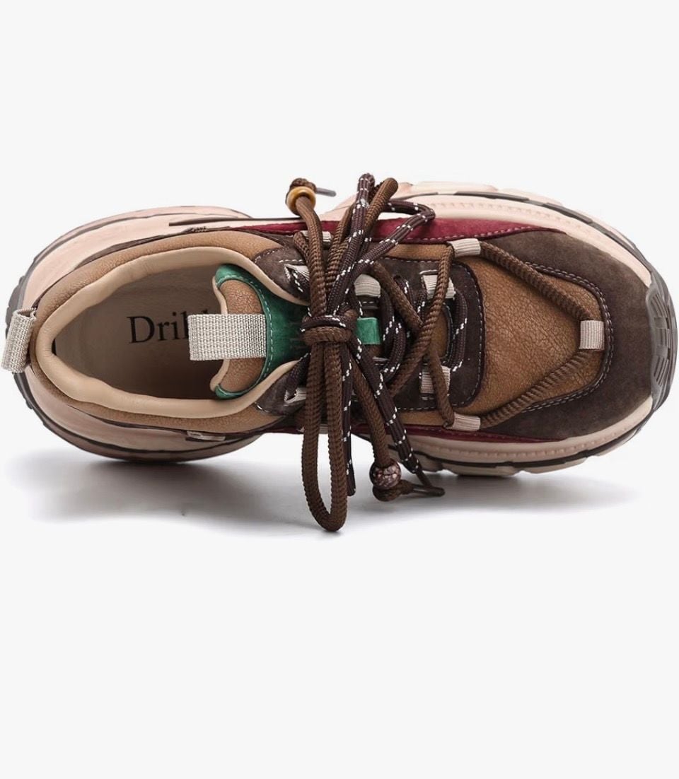 Women’s Drikler Platform Chunky Sneakers Multicolor Brown Leather Size 8 3