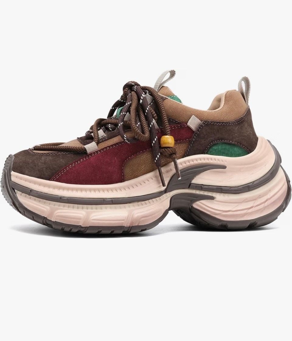 Women’s Drikler Platform Chunky Sneakers Multicolor Brown Leather Size 8 4