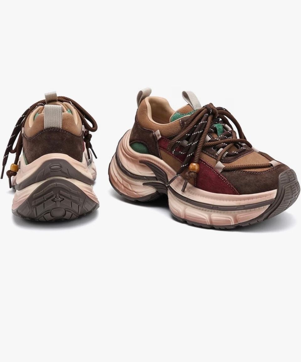 Women’s Drikler Platform Chunky Sneakers Multicolor Brown Leather Size 8 5